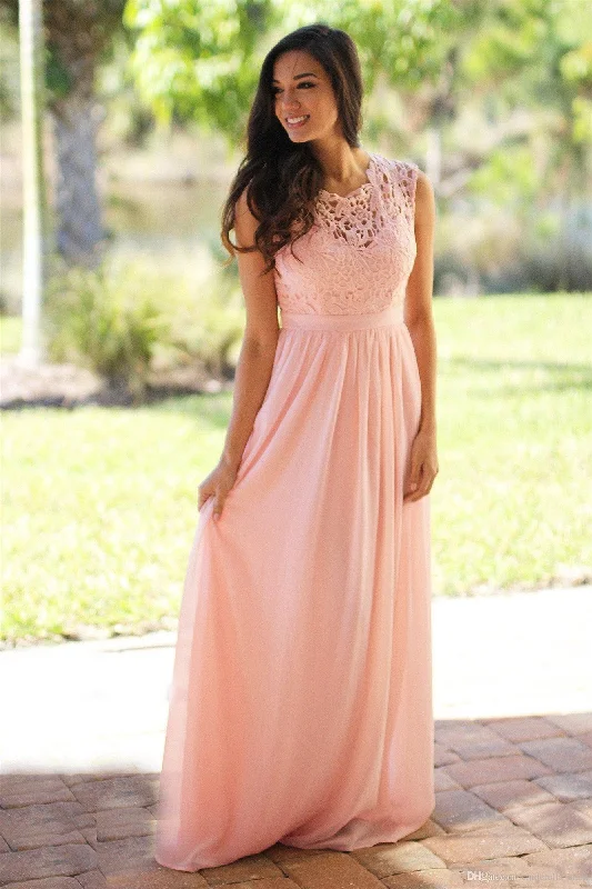 A-line Lace Bodice Long Pink Bridesmaid Dress Full Lace Dress