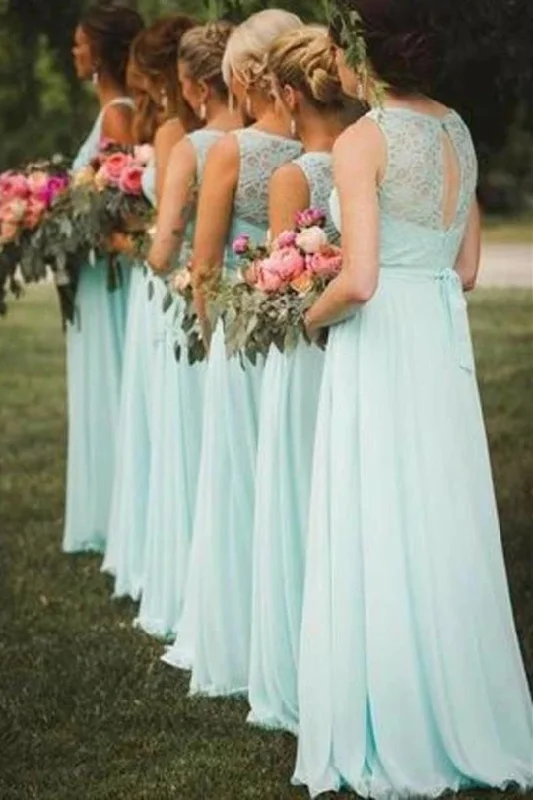 A-line Lace Top Mint Green Bridesmaid Dress with Ribbon Lace Party Gown