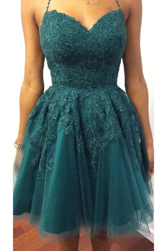 Halter Dark Green  Lace Appliques Short Homecoming Dress Lace Cocktail Gown