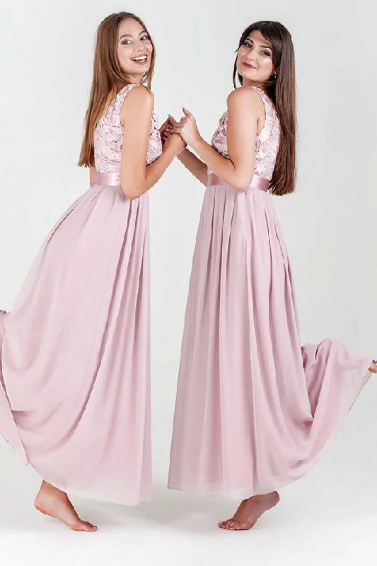 A-line Pink Lace Floor Length Bridesmaid Dress with Ribbon Lace Dress Lookbook