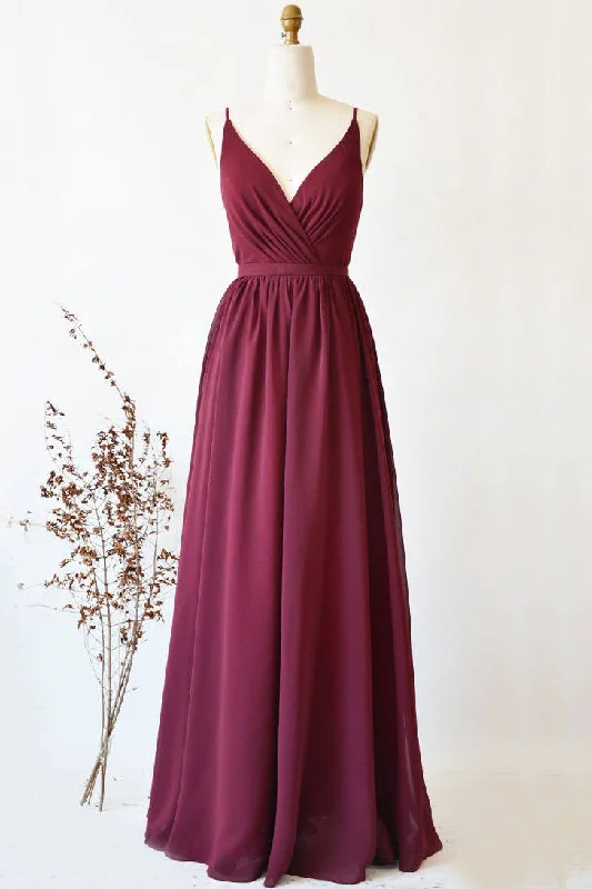 Burgudy V-Neck Pleated Lace Bridesmaid Dress Lace Evening Gown