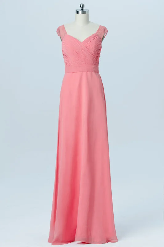 Cap Sleeves Coral Long Bridesmaid Dress with Lace Button Back Lace Mini Dress