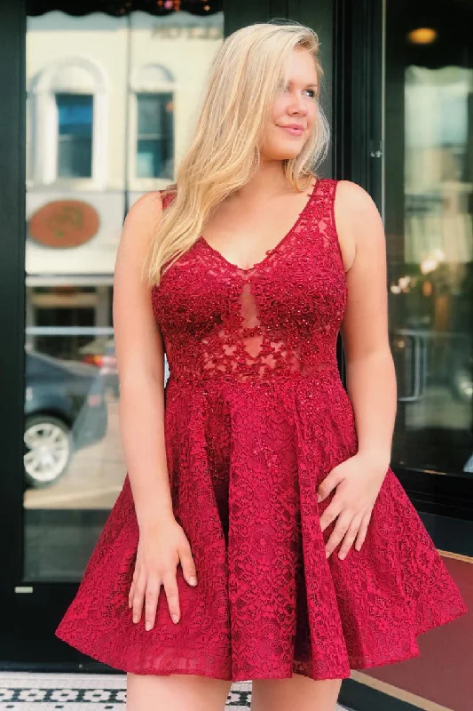 All Over Lace Red Homecoming Dress with Sheer Back Lace Dress Vibe