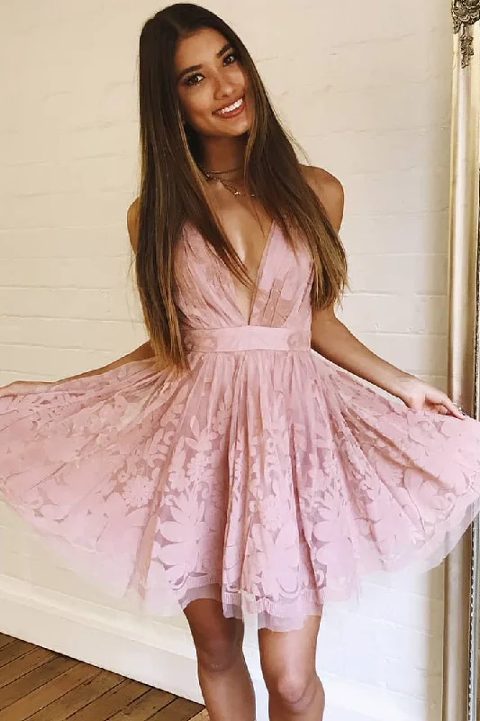 Cute Straps Pink Lace Homecoming Dress Sleeveless Lace Dress