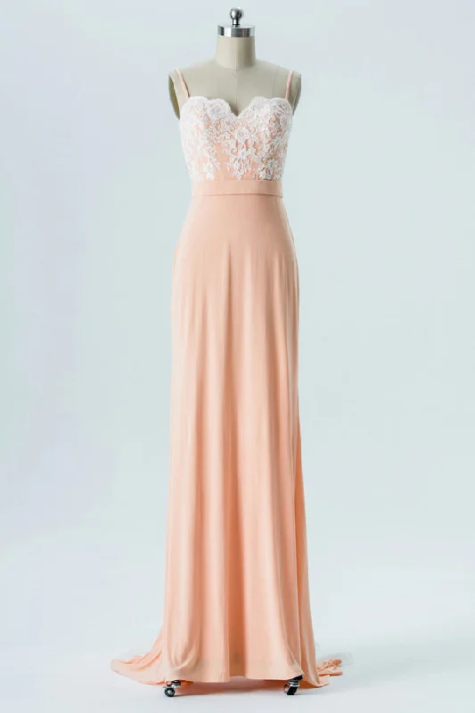 Elgane Lace Top Peach Bridesmaid Dress with Sweep Train Flowy Lace Dress