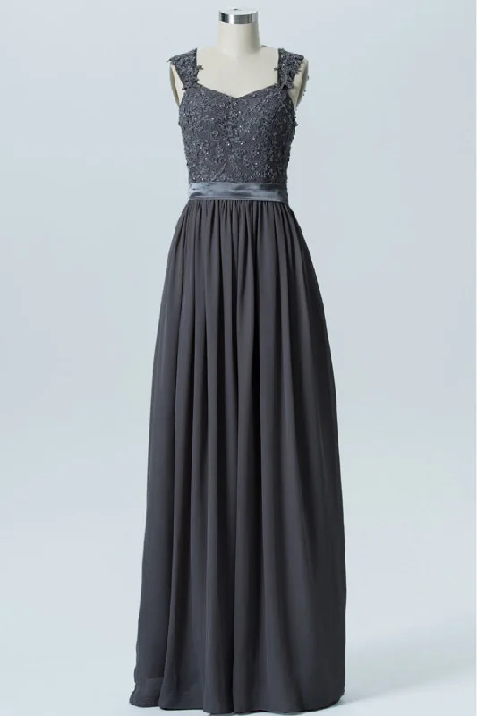 Grey Lace Appliqued Chiffon Bridesmaid Dress with Belt Lace Dress Glamorous