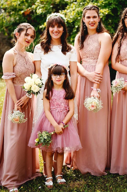 Halter Blush Pink Lace Top Long Bridesmaid Dress Lace Dress Sparkly