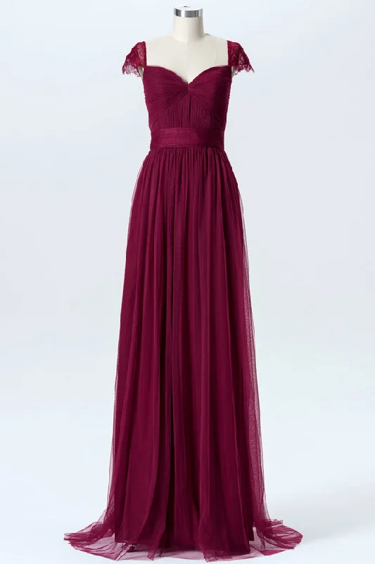 Lace Cap Sleeves Burgundy Long Birdesmaid Dress Lace Dress Summer