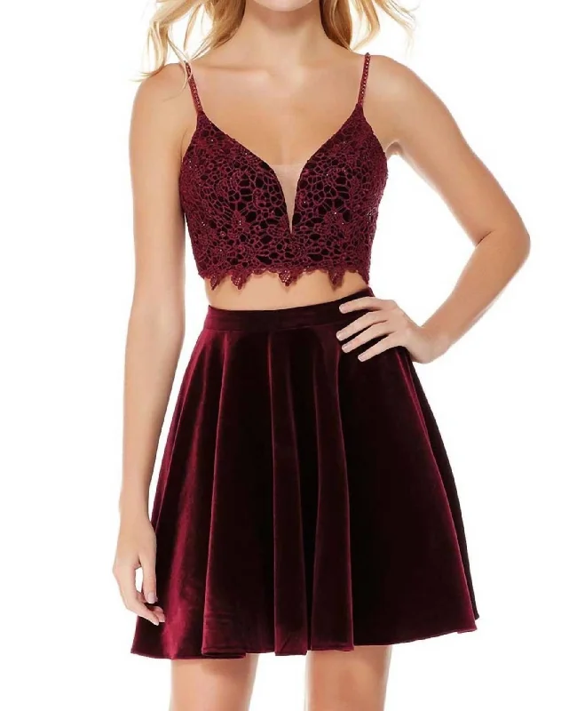 Lace Crop Top Short Velvet Dress In Black Cherry Modern Lace Dress