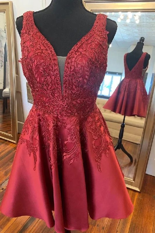 Lace Over Satin V-Back Little Red Homecoming Dress Ruffled Lace Dress