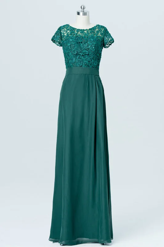 Lace Top Emerald Green Bridesmaid Dress with Short Sleeves Lace Dress Lace