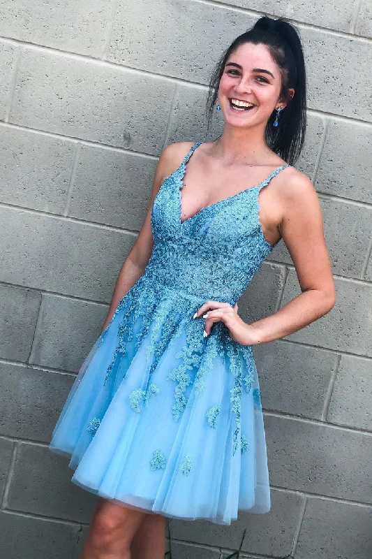 Lace-Up Sky Blue Short Homecoming Dress with Lace Appliques Lace Detail Dress