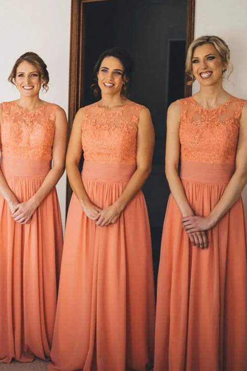 Long A-line Peach Bridesmaid Dress with Lace Appliques Lace Dress Flare