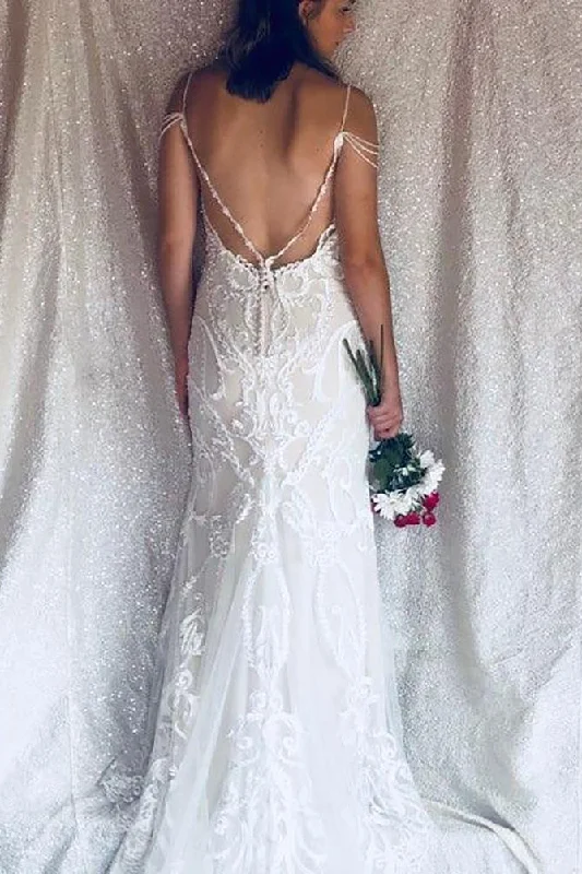 Long Open Back Mermaid V-Neck Ivory Bridal Dress with Lace Lace Dress Party