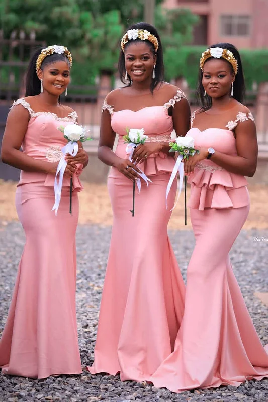 Mermaid Ruffles Blush Pink Long Bridesmaid Dress with Lace Top Ruffled Lace Gown