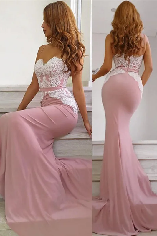 Mermaid Spaghetti Straps Long Pink Bridesmaid Dress with Lace Lace Dress Day