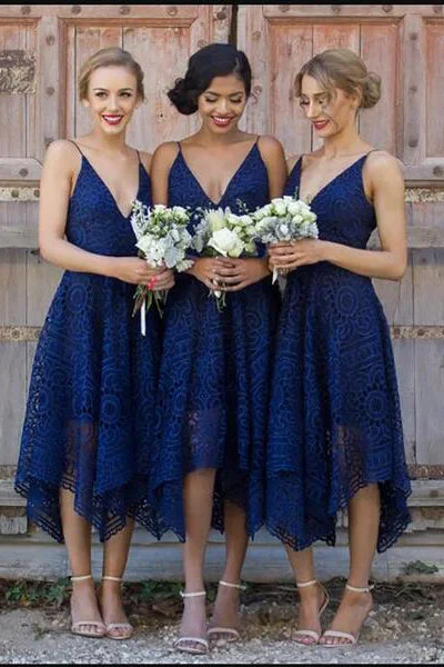 V Neck Navy Blue Lace Tea Length Bridesmaid Dress Simple Lace Gown