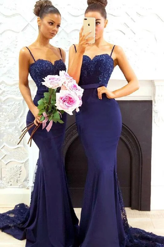 Spaghetti Strap Navy Blue Mermaid Bridesmaid Dress with Lace Lace High Neck Dress