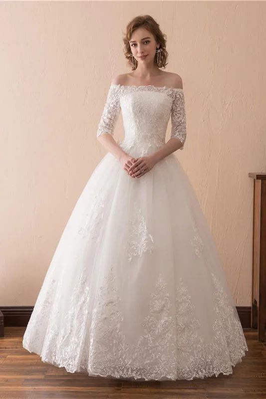 Long Lace-Up A-line Off Shoulder Ivory Bridal Dress with Appliques Lace Dress with Belt