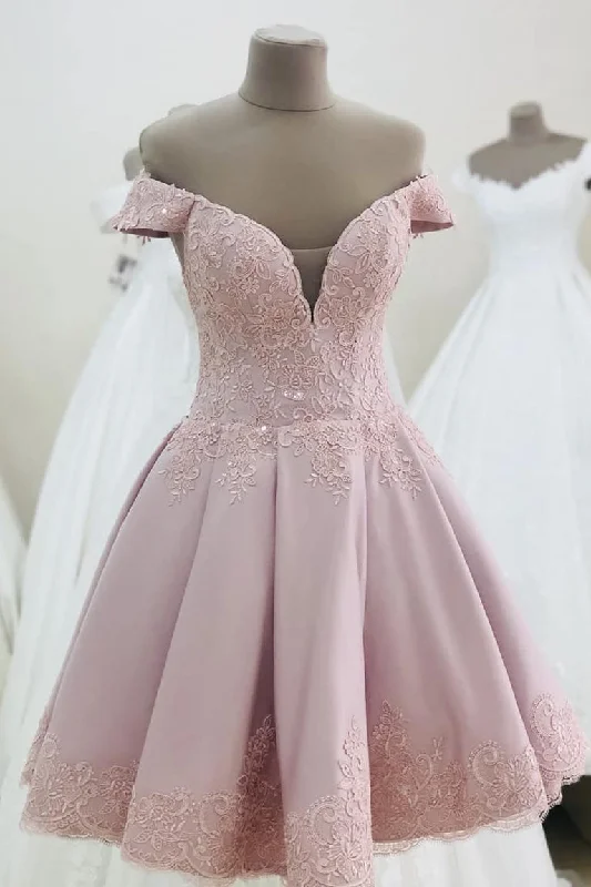 Off the Shoulder Pink Homecoming Dress with Lace Lace Dress Set