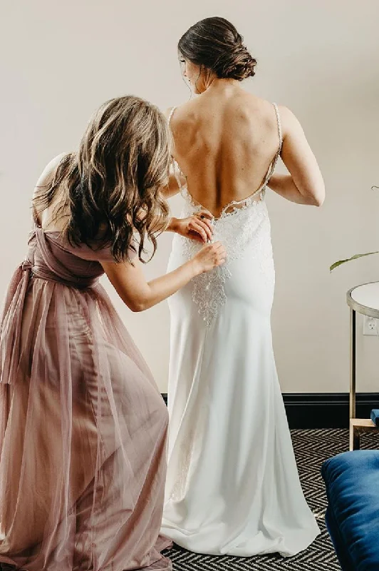 Open Back Mermaid Long White Chiffon Bridal Dress with Lace Lace Dress Design