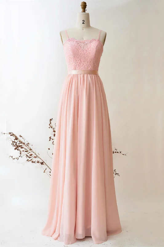 Pearl Pink Straps Lace Top Bridesmaid Dress with Belt Elegant Lace Design