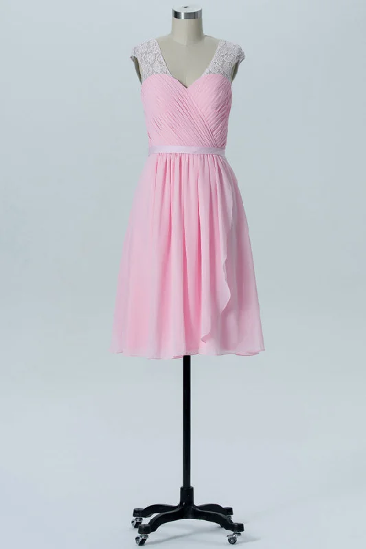 Sweet V-Neck Pink Lace Bridesmaid Dress with Cap Sleeves Lace Dress Dreamy