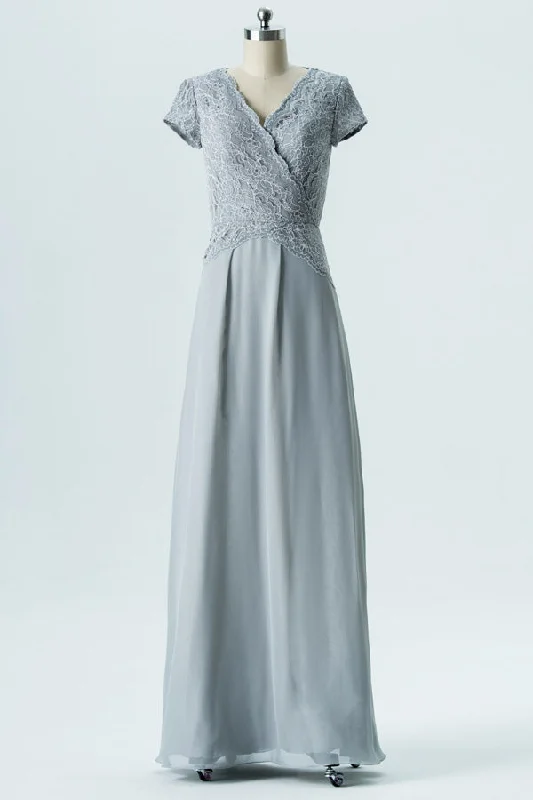 V-Neck Grey Lace Top Long Bridesmaid Dress Bohemian Lace Dress