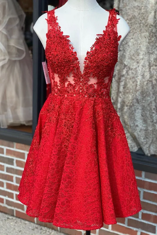 V-Neck Lace Red Homeocming Dress with Mesh Long Sleeve Lace Dress