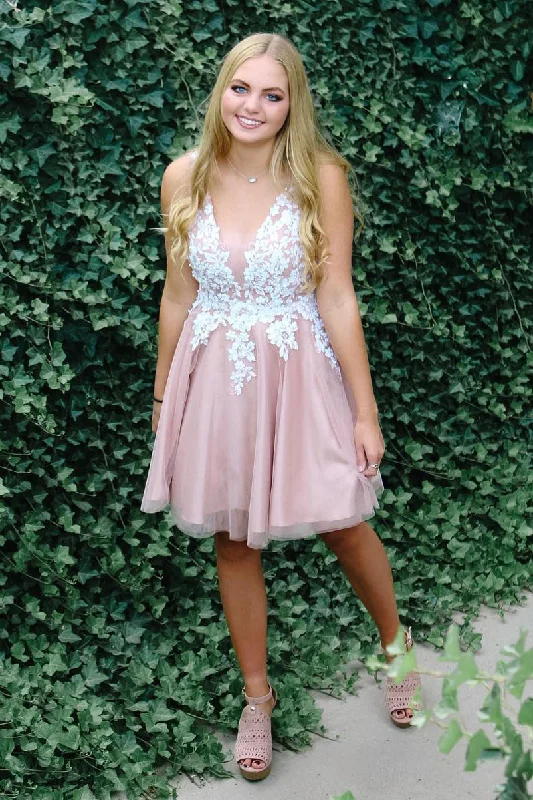 V-Neck Lace Appliqued Short Homecoming Dress Lace Bridesmaid Dress